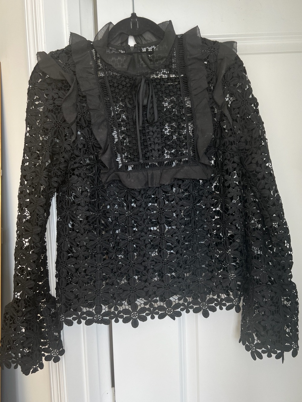 Self Portrait Black Floral Crochet Ruffle Long-Sleeve Top